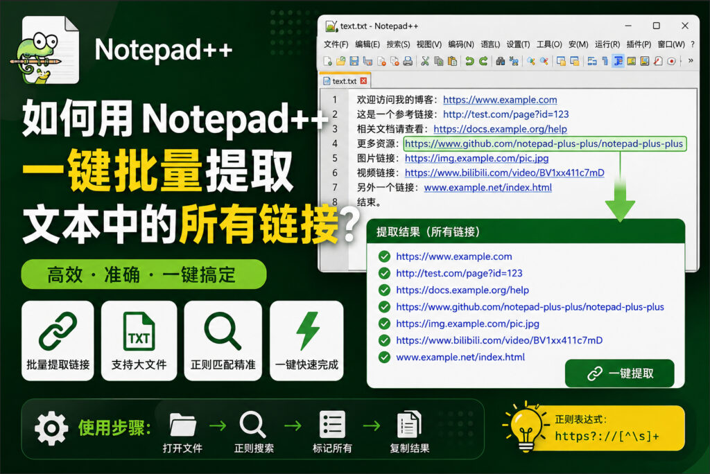如何用 Notepad++ 一键批量提取文本中的所有链接