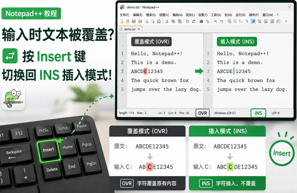 Notepad++输入文字会覆盖后面的内容怎么办