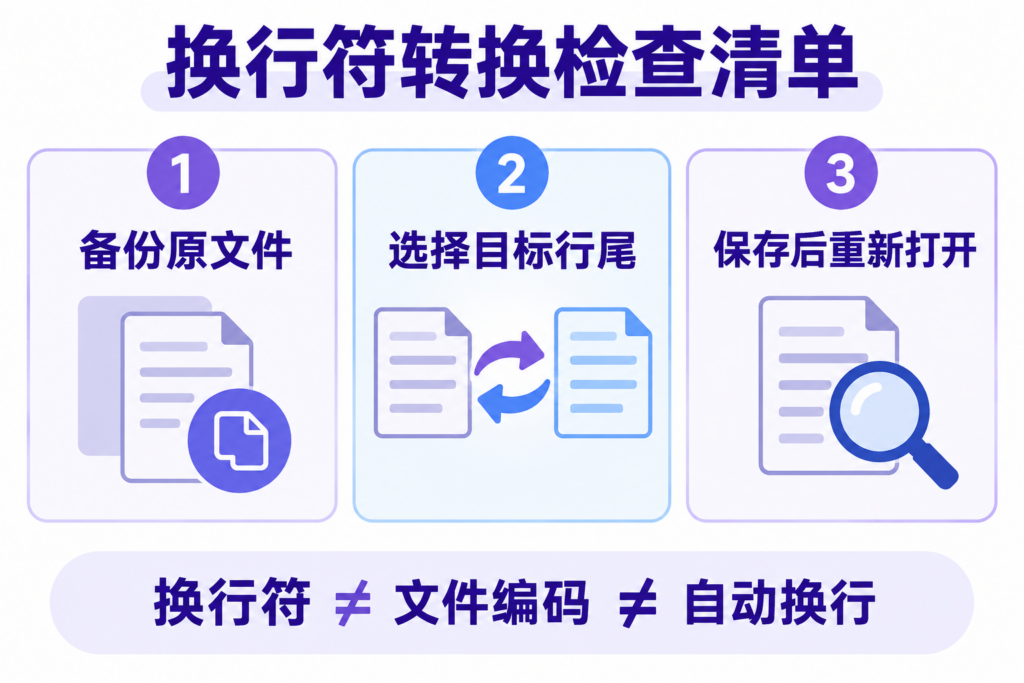 备份文件、选择目标行尾、保存后重新打开的检查流程